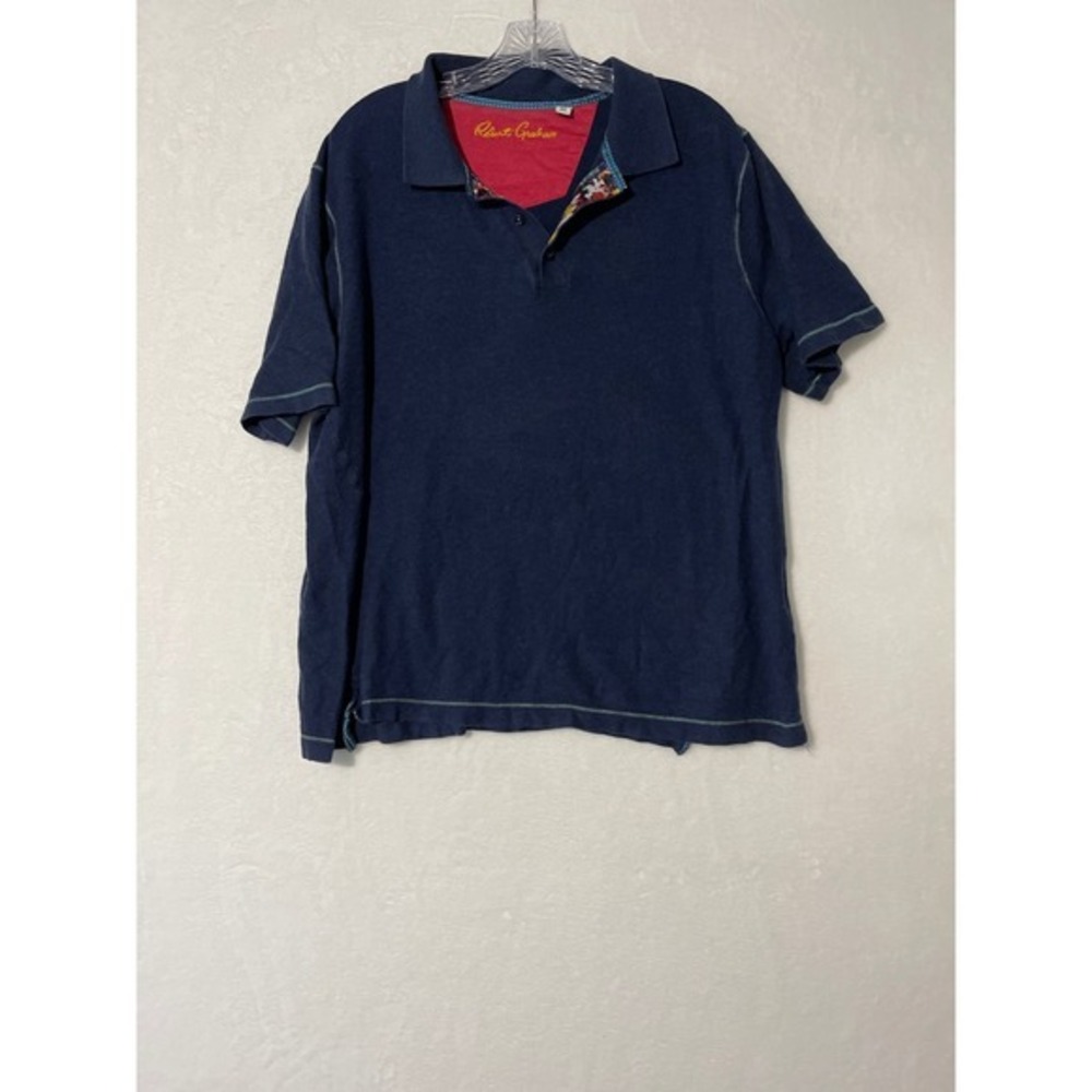 Robert Graham Mens XL Navy Blue Classic Fit Short Sleeve Polo Floral Trim Cotton